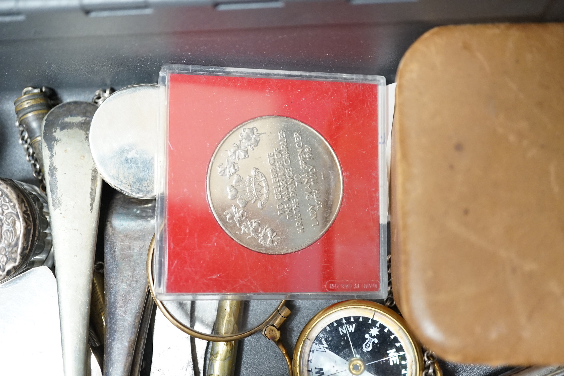 A collection of silver and white metal pill boxes, niello purse, lorgnette and assorted collectables